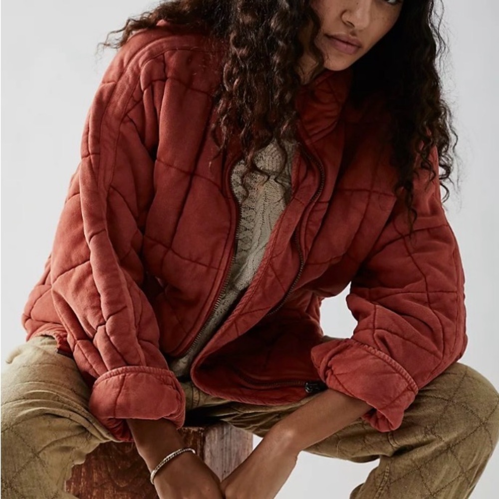 Free People Rust Dolman Sleeve quilted knit zip jacket